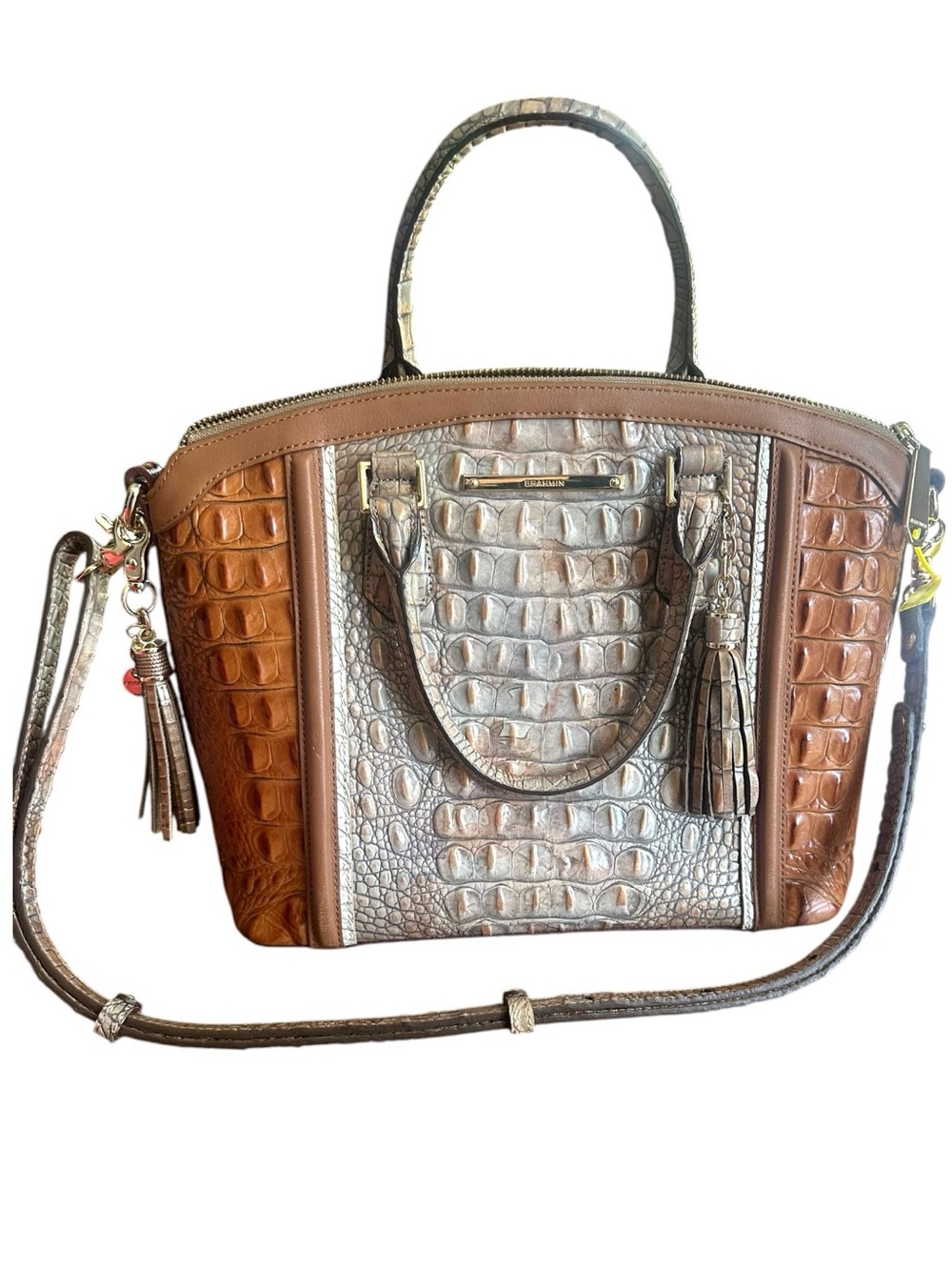 Brahmin Croc Embossed Leather Satchel Crossbody Silver Pecan Brown Tassel